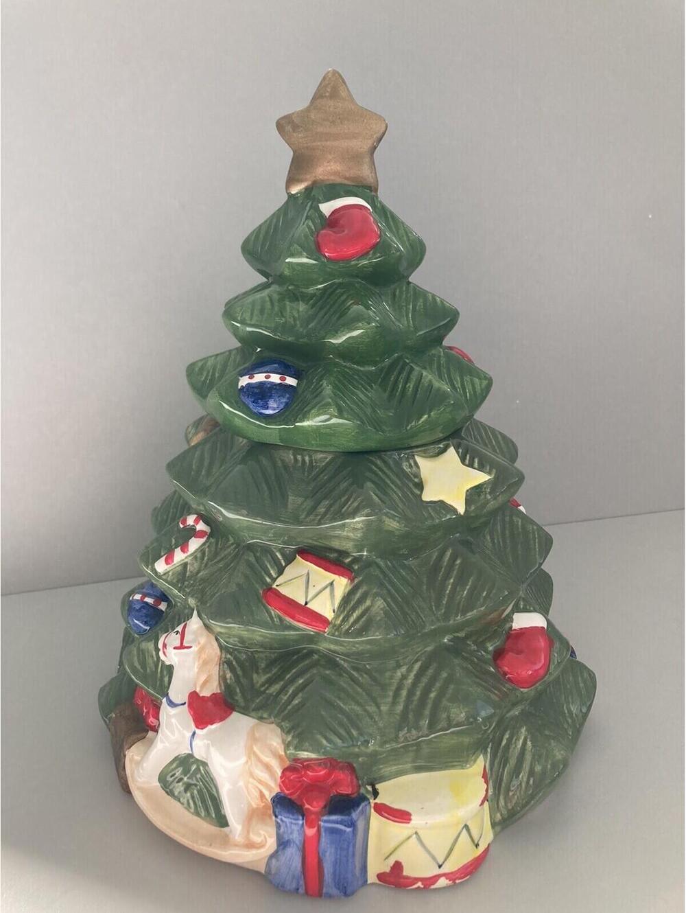 HomeTrends 12" Ceramic Christmas Tree Hand Painted Toys Around Tree Cookie Jar